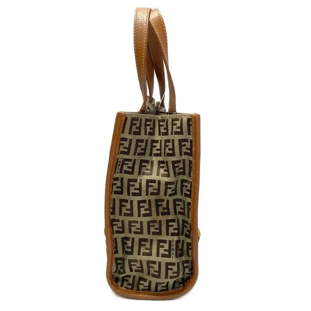 Fendi Zucchino Tote Bag 8BH170 Dark Brown Beige Brown Jacquard Leather Women's
